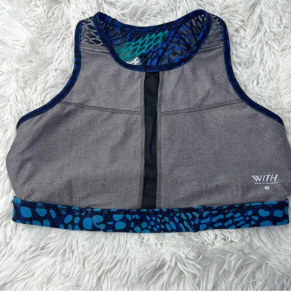 PELOTON wild‎ kite high neck sports bike bra Blue Black Butterfly Size Small